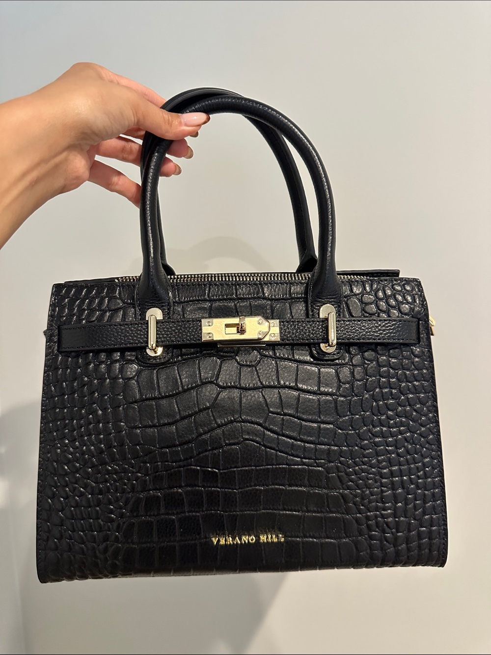 Verano Hill Black Croc-Embossed Top-Handle Satchel